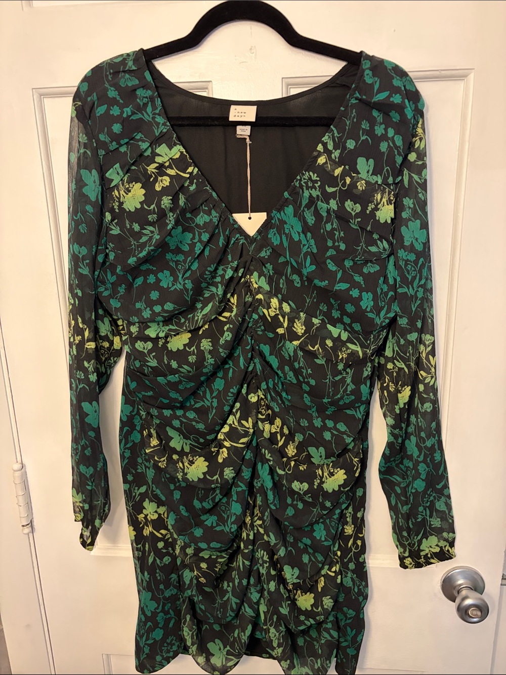 a new day Black Dress with Teal and Lime Green Floral Print, Long Sleeve